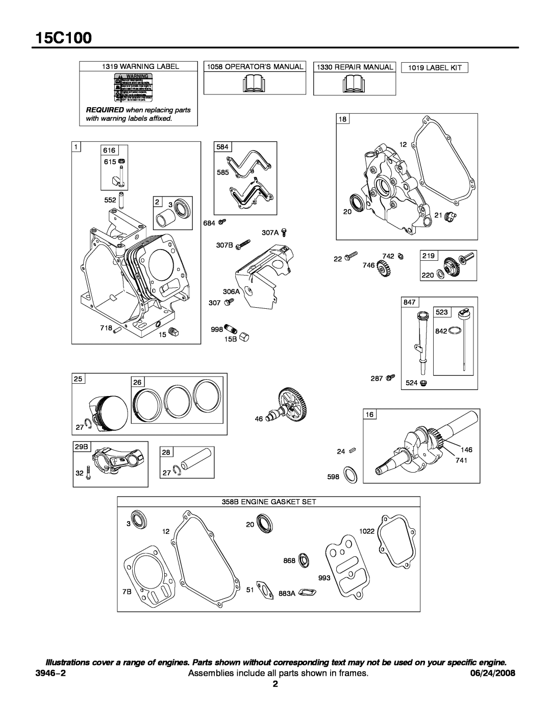 Briggs & Stratton 15C100 service manual 3946−2, Assemblies include all parts shown in frames, 06/24/2008 