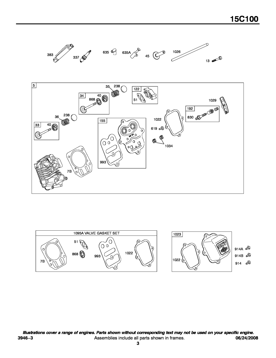 Briggs & Stratton 15C100 service manual 3946−3, Assemblies include all parts shown in frames, 06/24/2008, 914A 