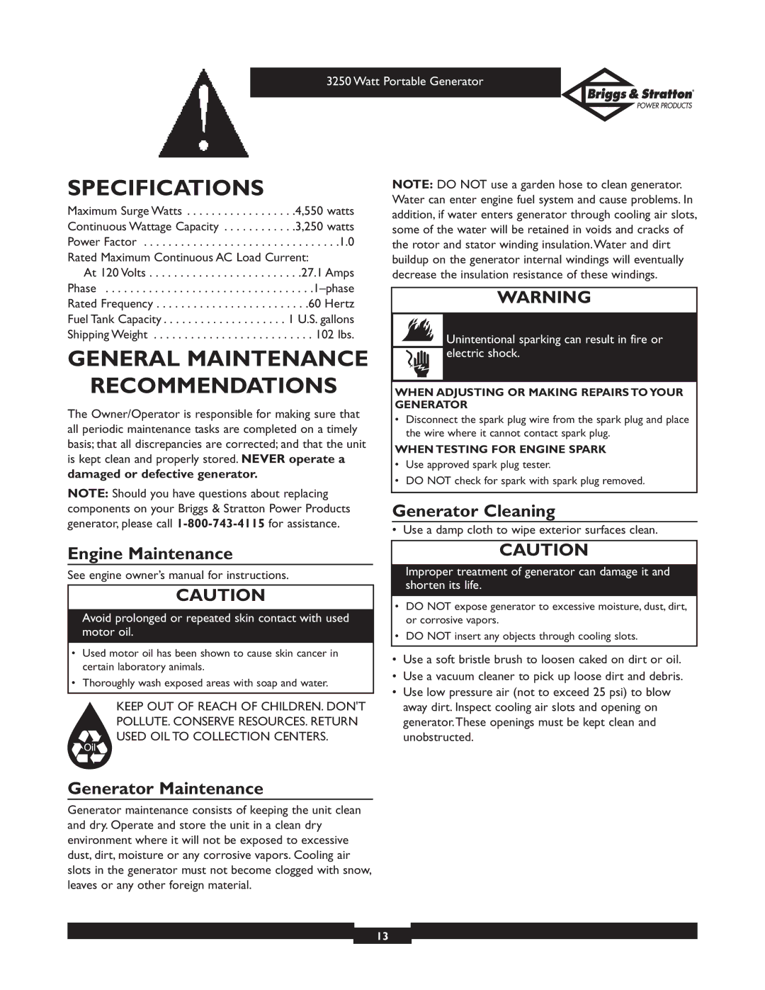 Briggs & Stratton 1653 Specifications, General Maintenance Recommendations, Generator Cleaning, Engine Maintenance 