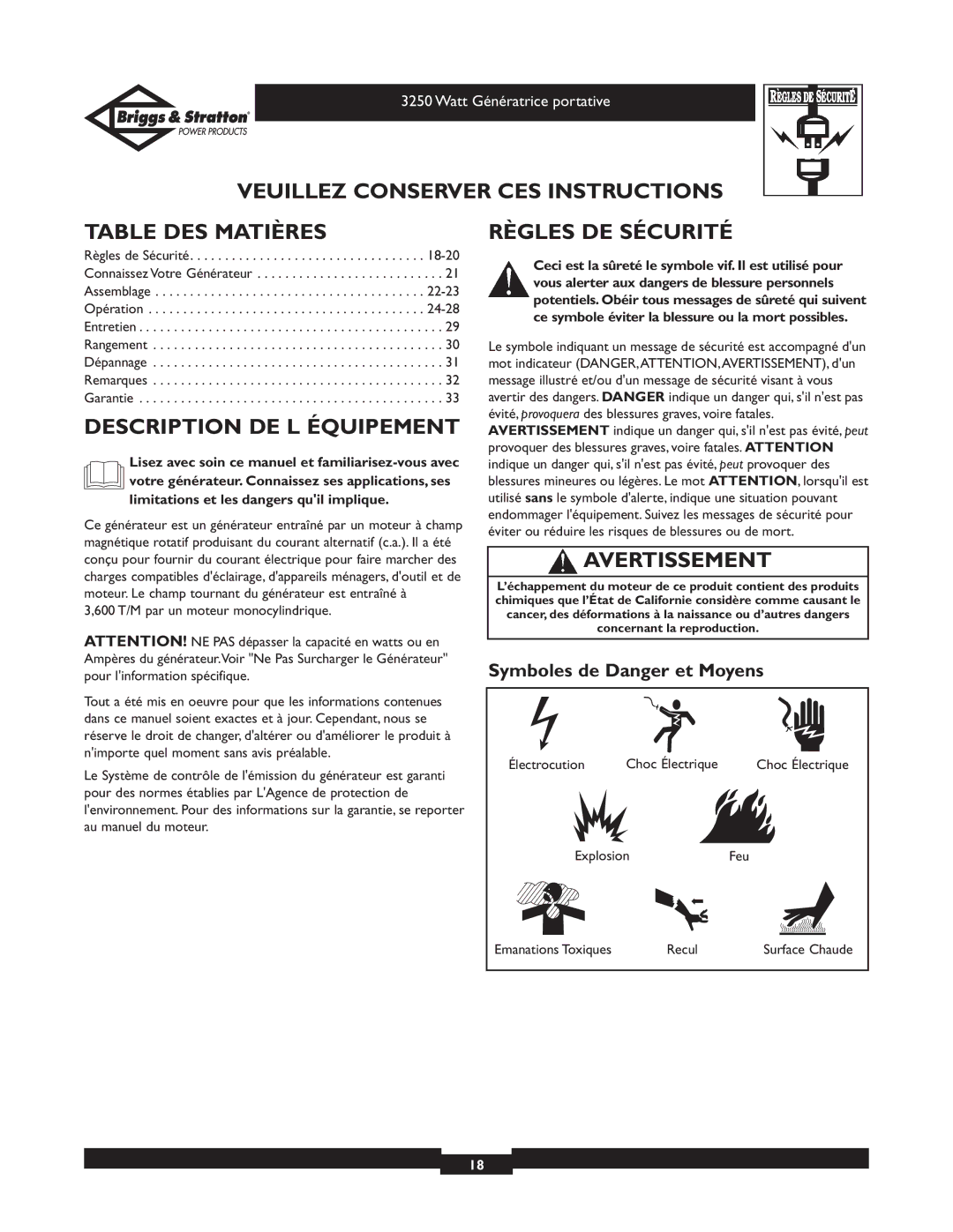 Briggs & Stratton 1653 Veuillez Conserver CES Instructions Table DES Matières, Description DE L Équipement, Avertissement 