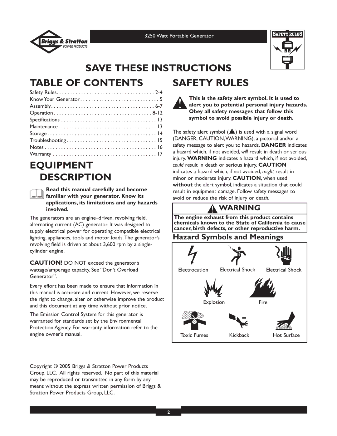 Briggs & Stratton 1653 owner manual Table of Contents, Equipment Description, Safety Rules 