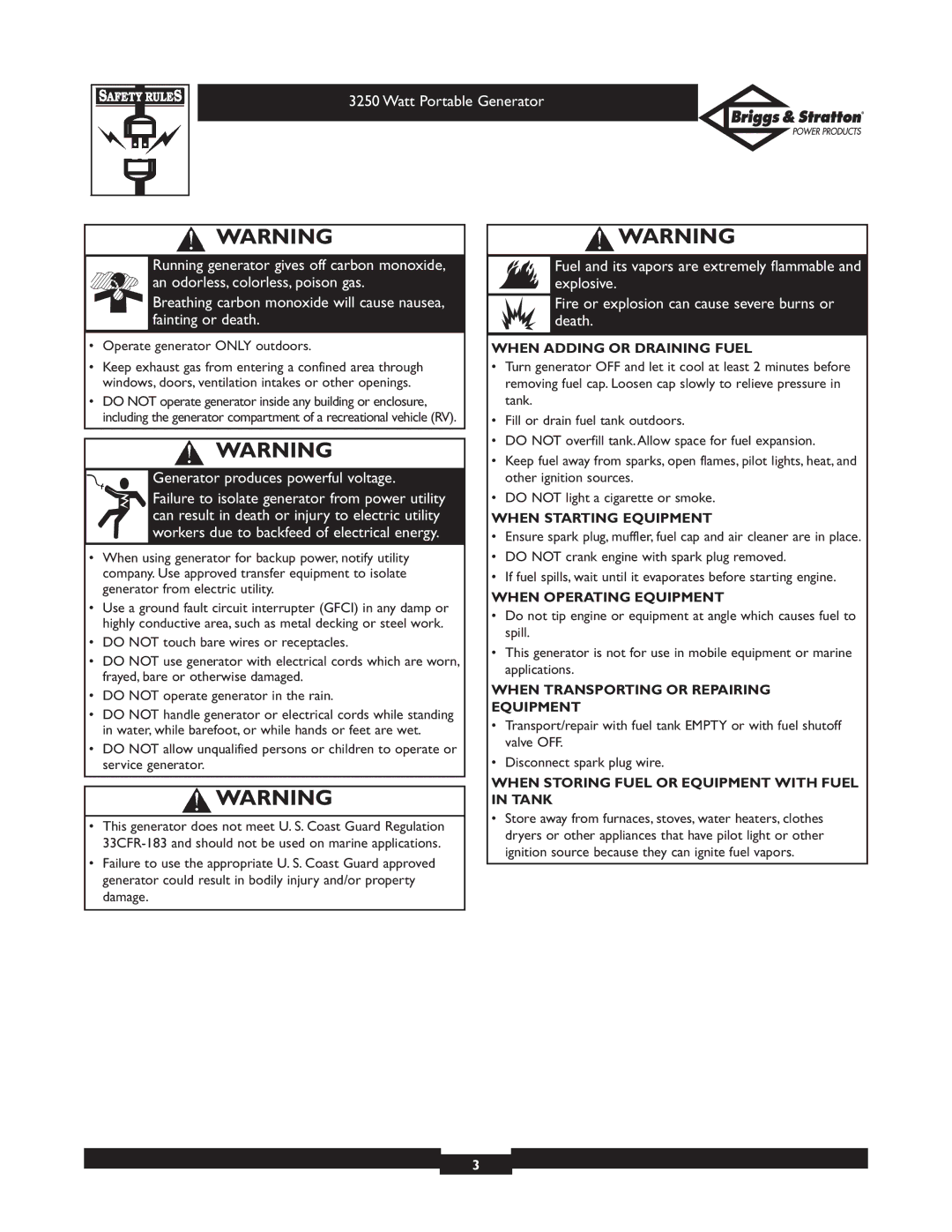 Briggs & Stratton 1653 owner manual When Adding or Draining Fuel, When Starting Equipment, When Operating Equipment 