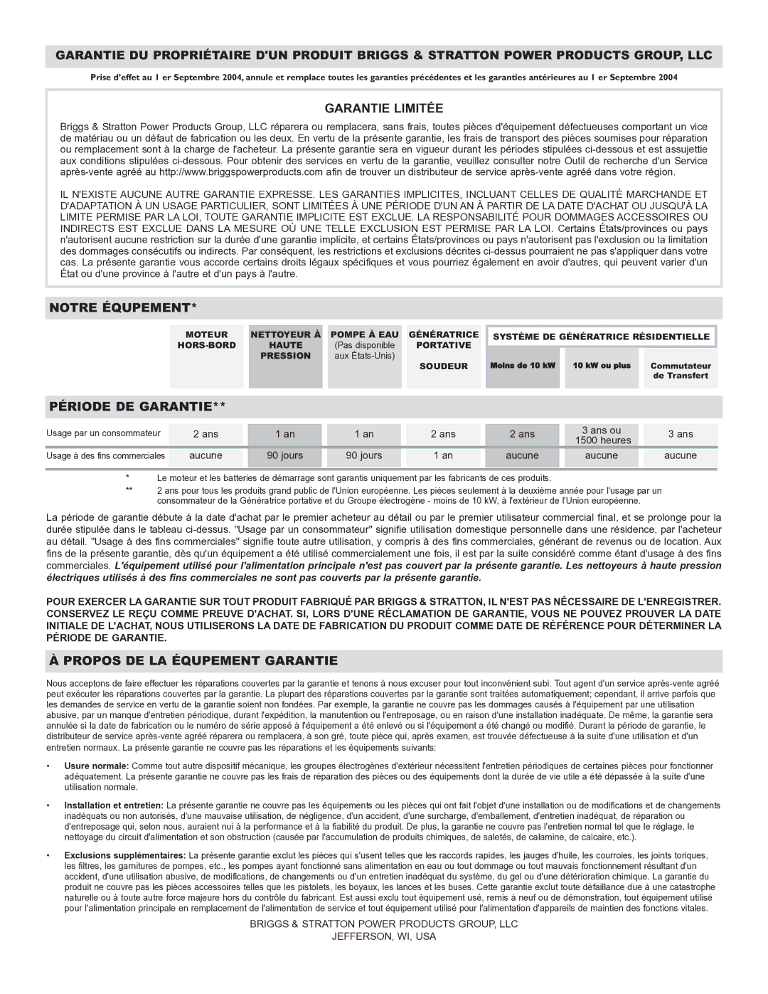 Briggs & Stratton 1653 owner manual Garantie Limitée 