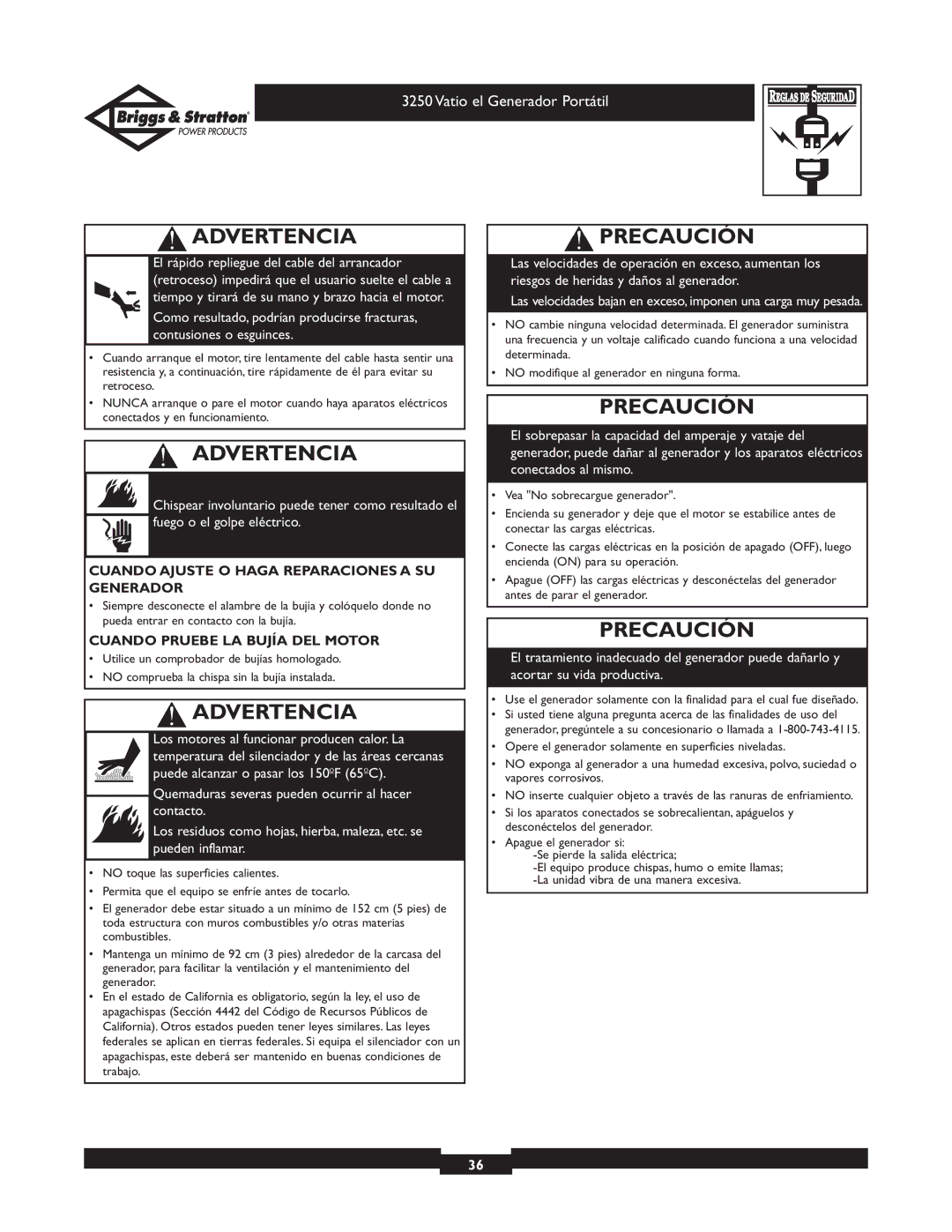 Briggs & Stratton 1653 Precaución, Cuando Ajuste O Haga Reparaciones a SU Generador, Cuando Pruebe LA Bujía DEL Motor 