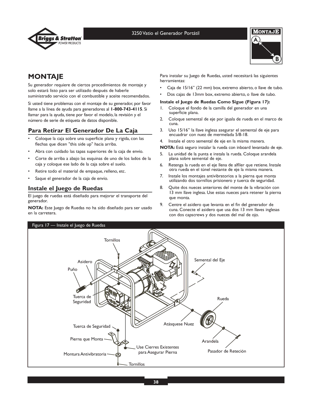 Briggs & Stratton 1653 owner manual Montaje, Para Retirar El Generador De La Caja, Instale el Juego de Ruedas 