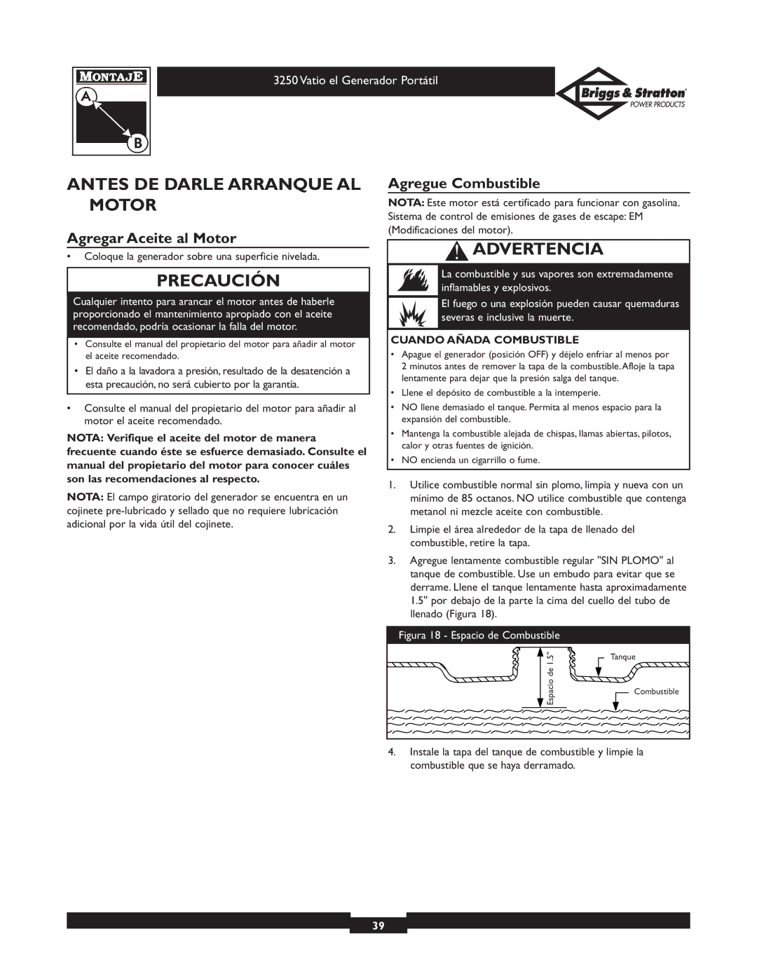 Briggs & Stratton 1653 owner manual Antes DE Darle Arranque AL Motor, Agregar Aceite al Motor, Agregue Combustible 