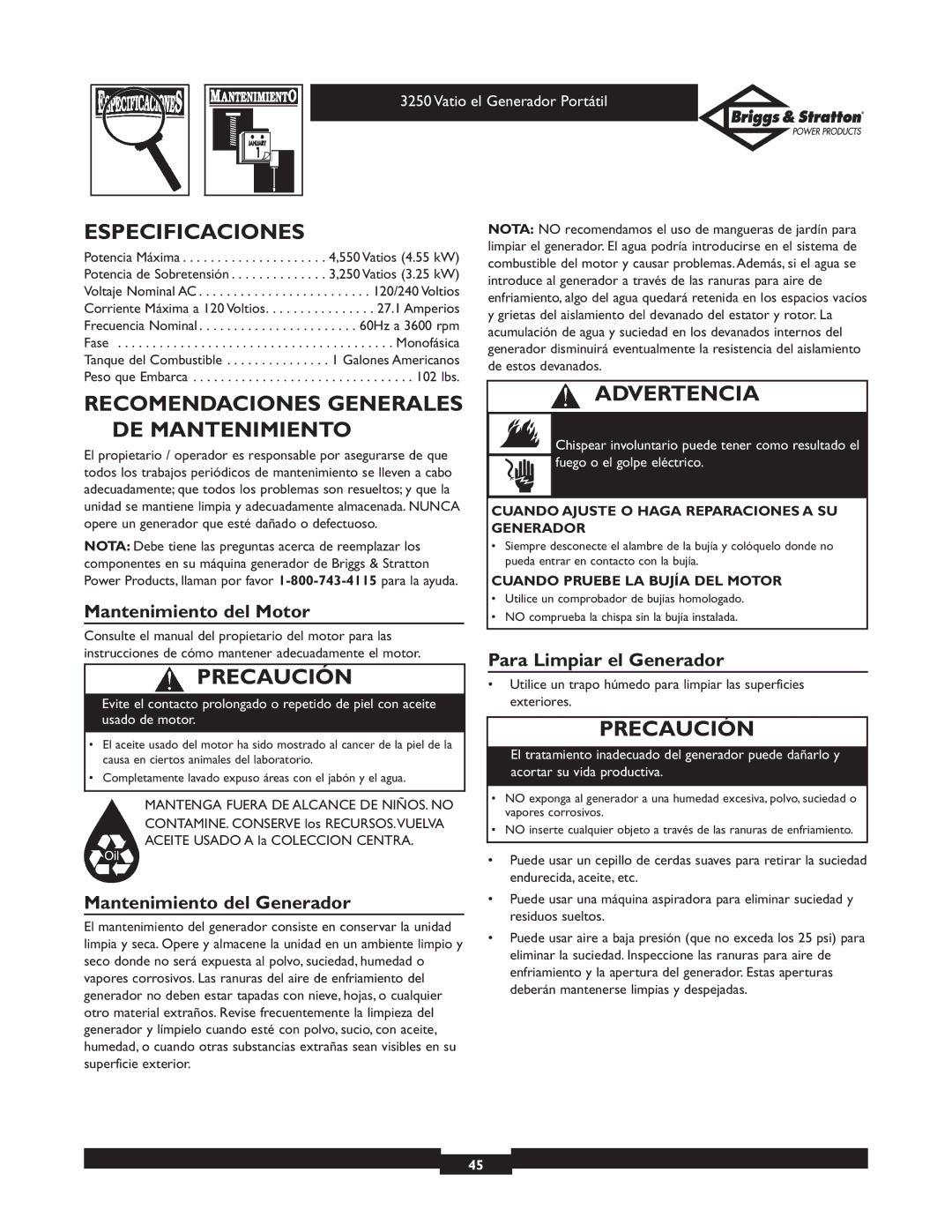 Briggs & Stratton 1653 owner manual Especificaciones, Recomendaciones Generales DE Mantenimiento, Mantenimiento del Motor 