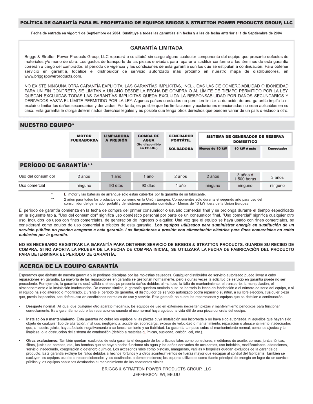 Briggs & Stratton 1653 owner manual Garantía Limitada 