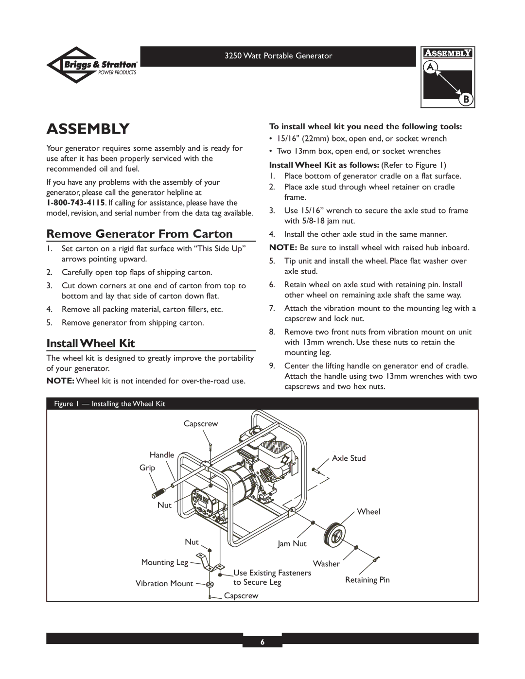 Briggs & Stratton 1653 owner manual Assembly, Remove Generator From Carton, Install Wheel Kit 