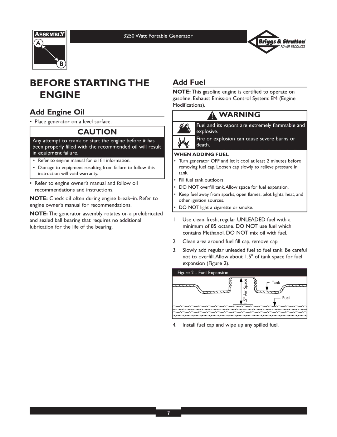 Briggs & Stratton 1653 owner manual Before Starting the Engine, Add Fuel, Add Engine Oil, When Adding Fuel 