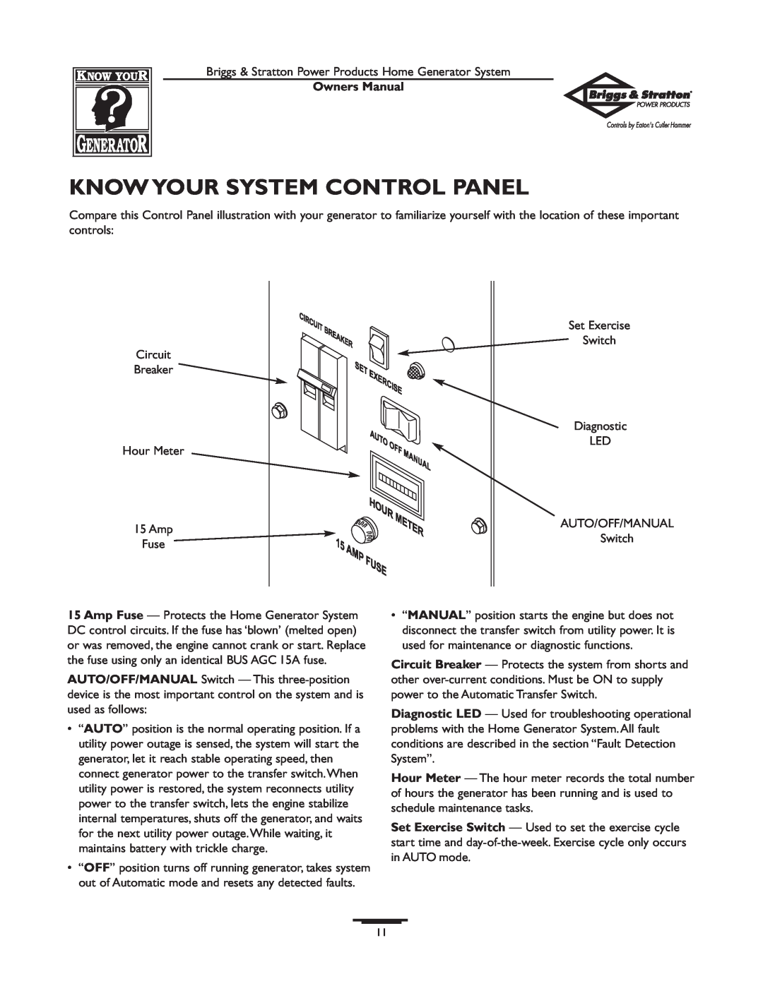 Briggs & Stratton 1679-0 owner manual Know Your System Control Panel, Owners Manual 