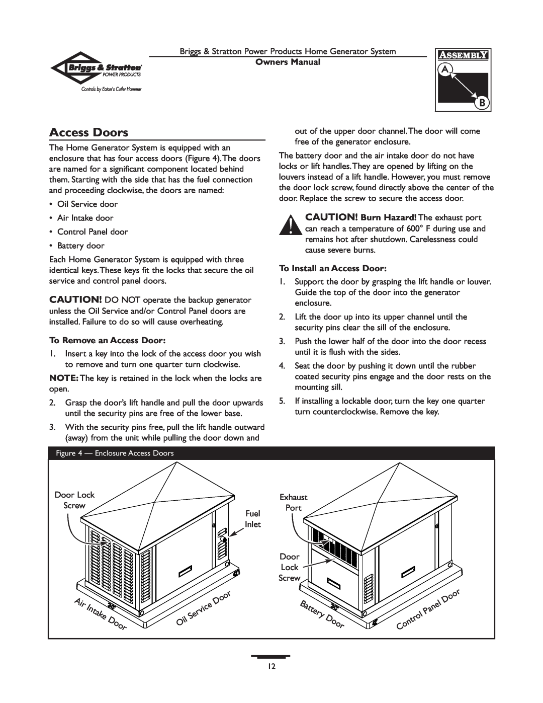 Briggs & Stratton 1679-0 owner manual Access Doors, Owners Manual, To Remove an Access Door, To Install an Access Door 
