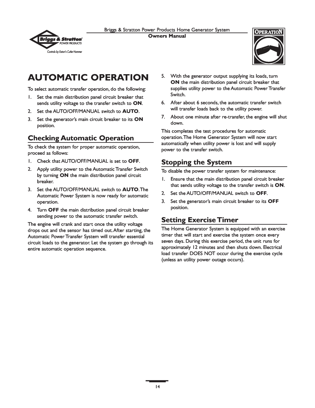Briggs & Stratton 1679-0 Checking Automatic Operation, Stopping the System, Setting Exercise Timer, Owners Manual 