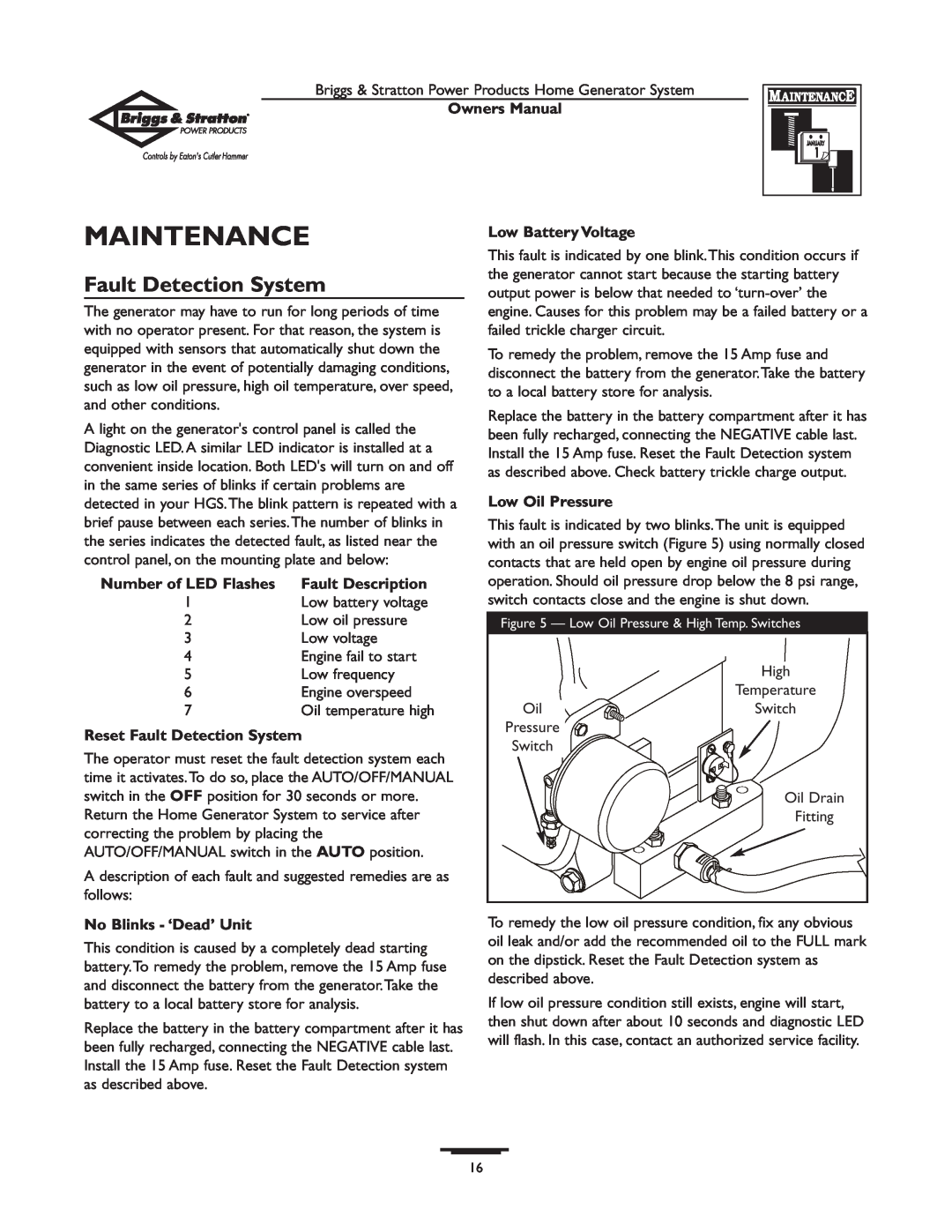 Briggs & Stratton 1679-0 Maintenance, Fault Detection System, Owners Manual, Number of LED Flashes, Fault Description 