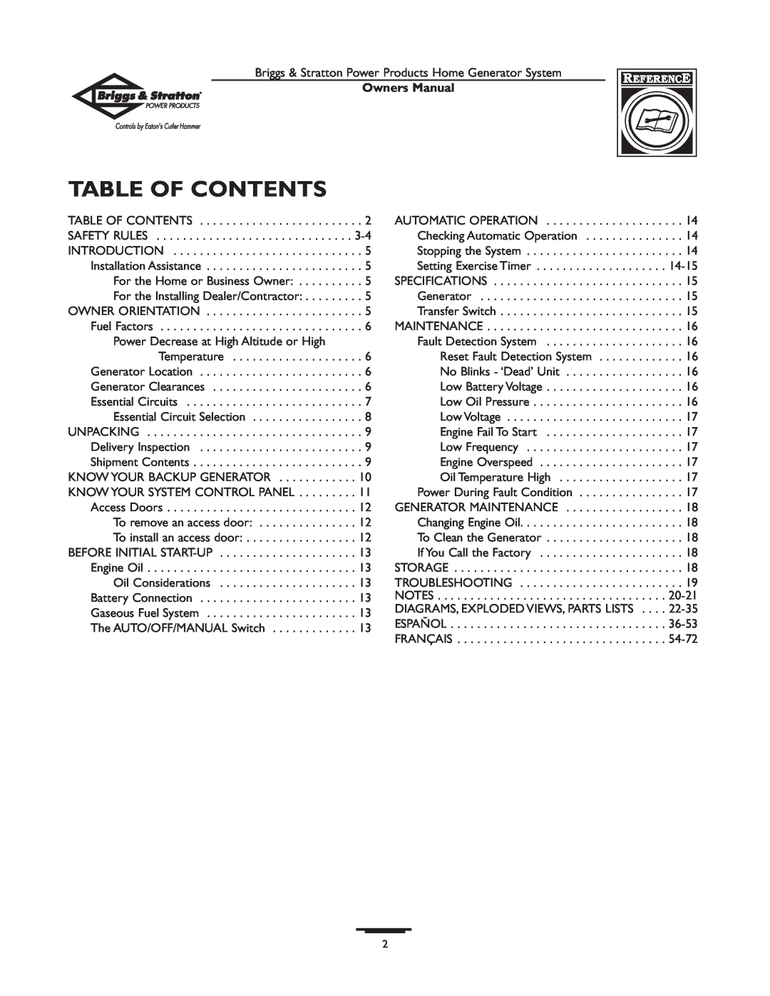 Briggs & Stratton 1679-0 owner manual Table Of Contents, Owners Manual 
