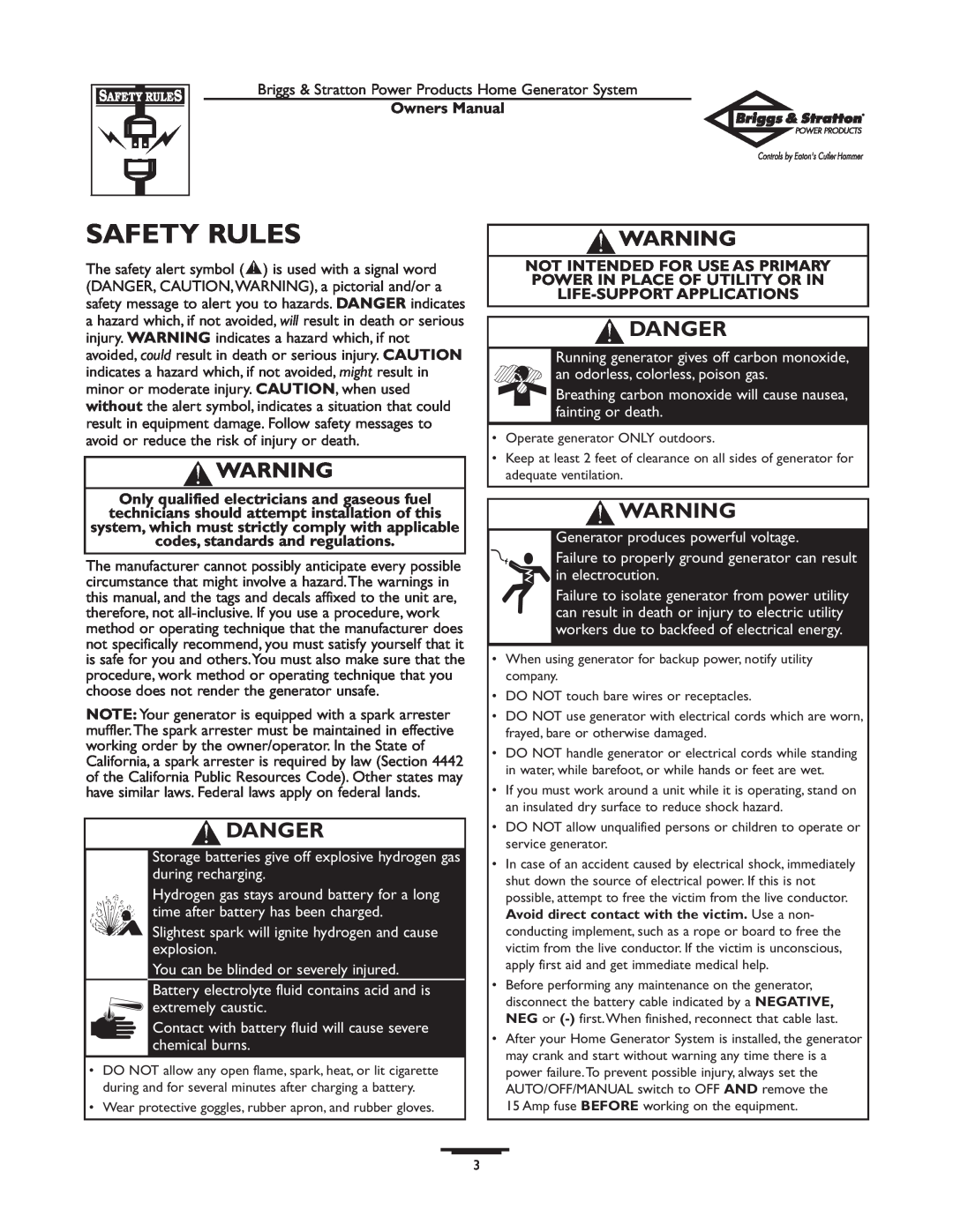 Briggs & Stratton 1679-0 owner manual Safety Rules, Danger, Owners Manual 