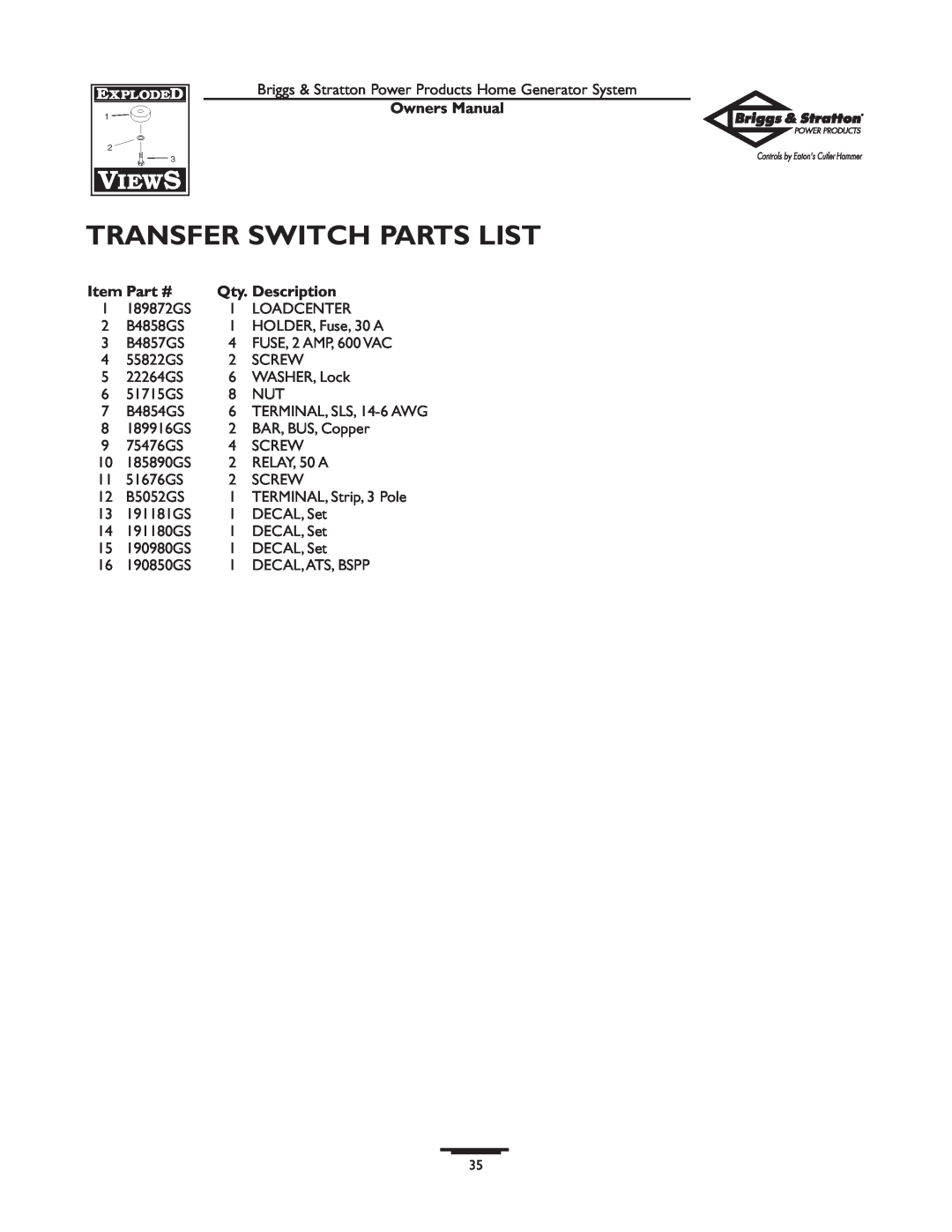 Briggs & Stratton 1679-0 owner manual Transfer Switch Parts List, Owners Manual, Item Part #, Qty. Description 