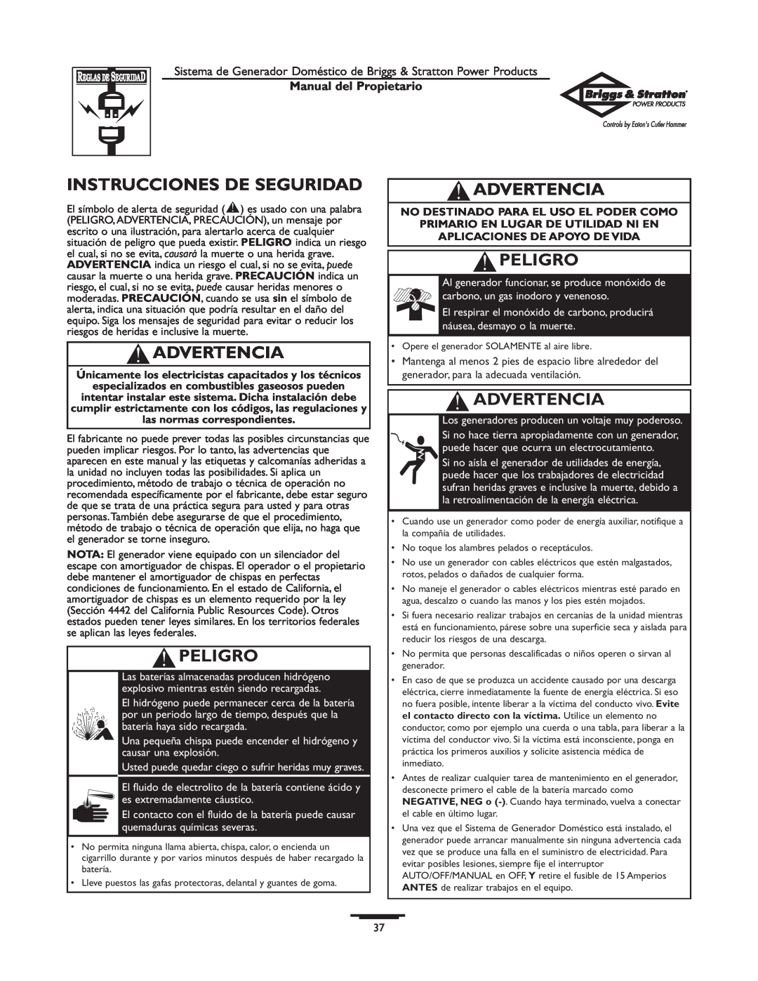 Briggs & Stratton 1679-0 owner manual Instrucciones De Seguridad, Advertencia, Peligro, Manual del Propietario 