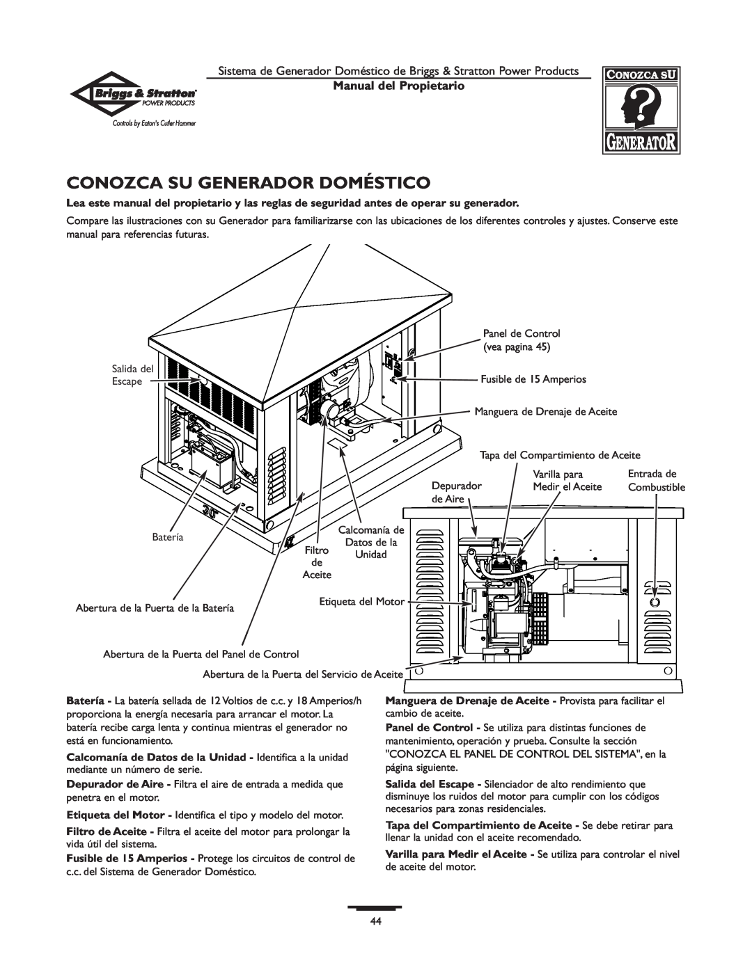 Briggs & Stratton 1679-0 owner manual Conozca Su Generador Doméstico, Manual del Propietario 