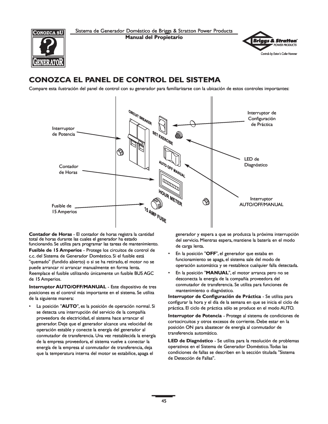 Briggs & Stratton 1679-0 owner manual Conozca El Panel De Control Del Sistema, Manual del Propietario 