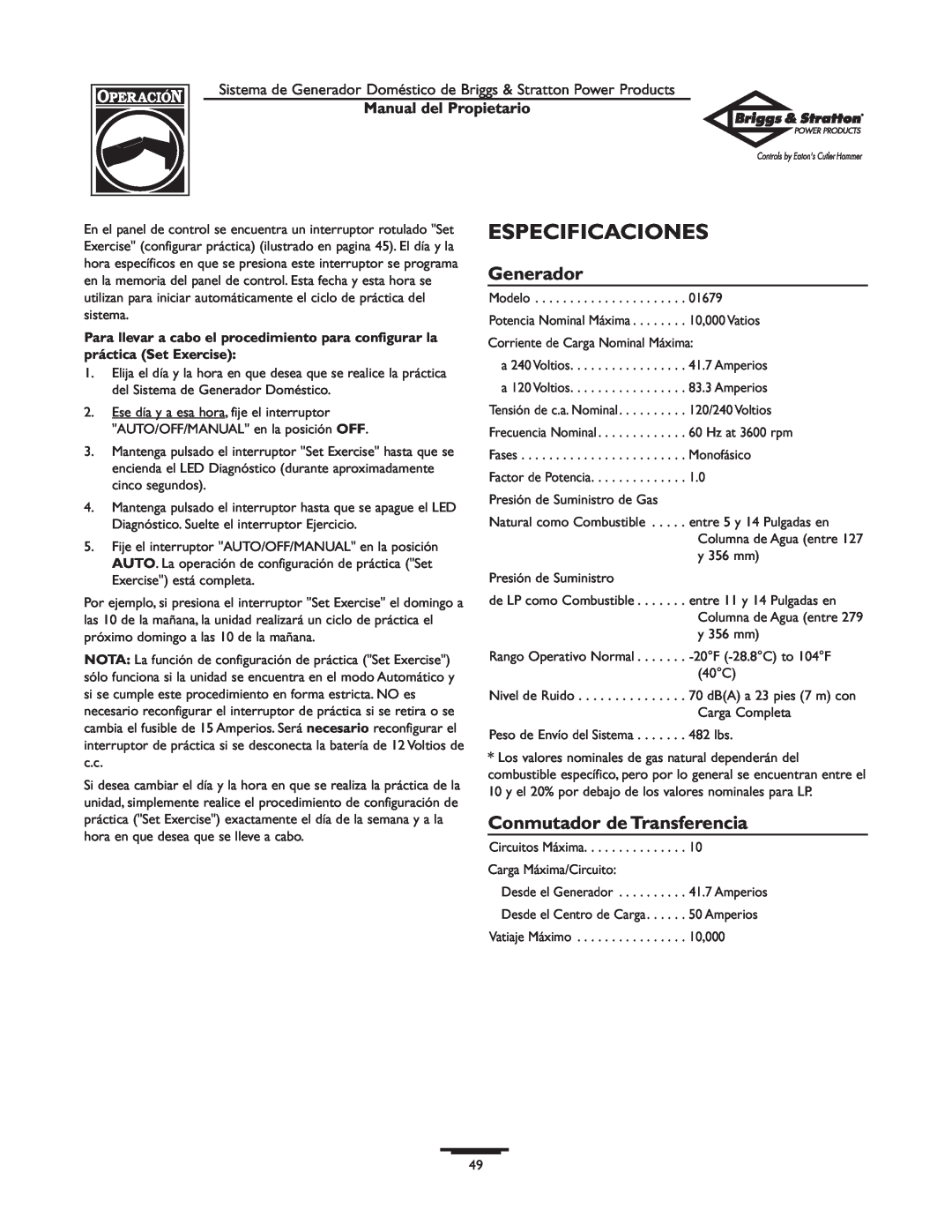 Briggs & Stratton 1679-0 owner manual Especificaciones, Generador, Conmutador de Transferencia, Manual del Propietario 
