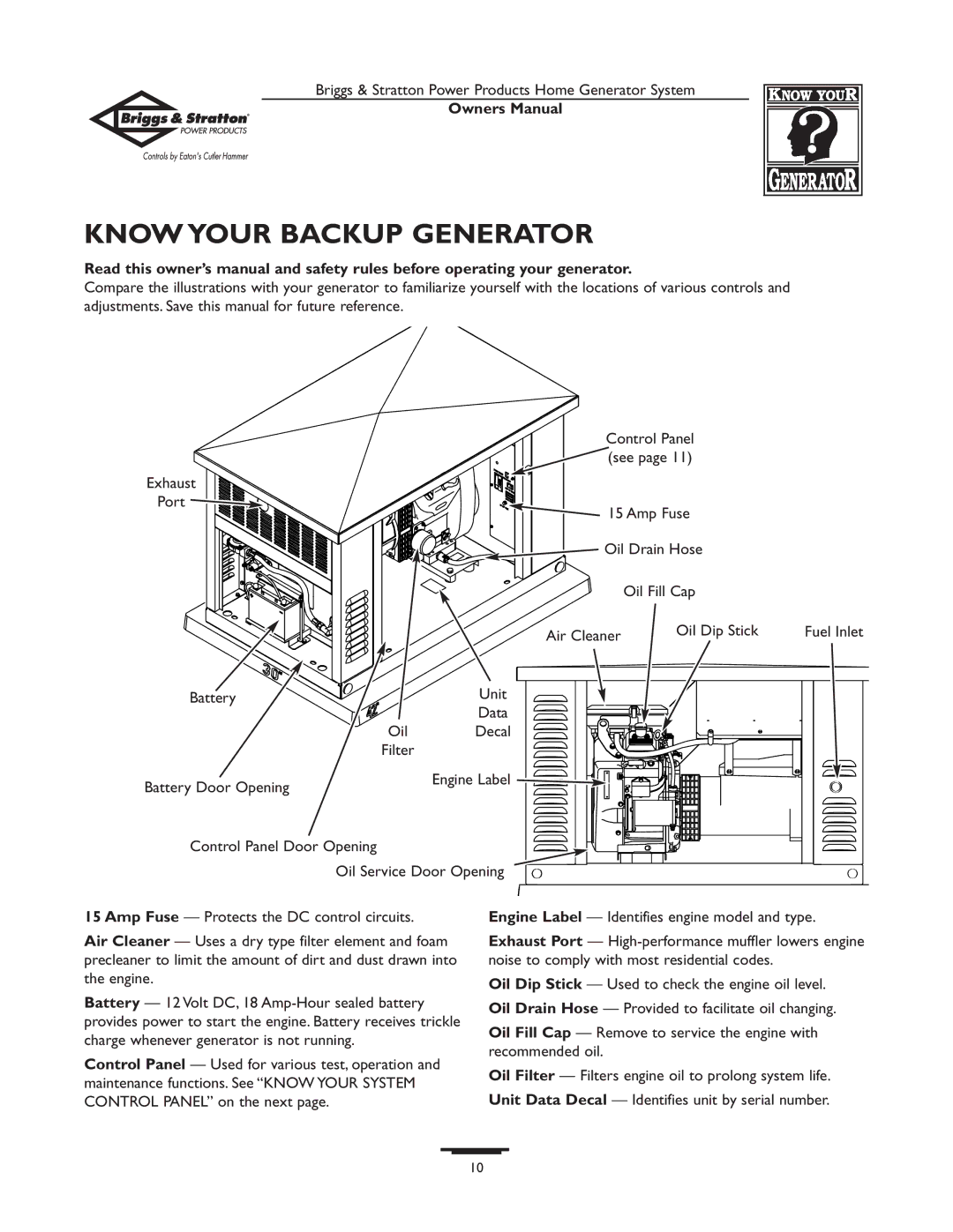 Briggs & Stratton 1679-0 owner manual Know Your Backup Generator 