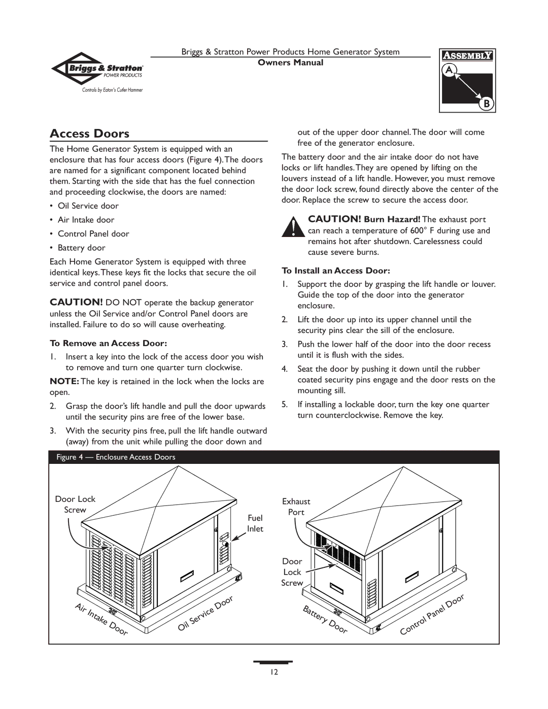 Briggs & Stratton 1679-0 owner manual Access Doors, To Remove an Access Door, To Install an Access Door 