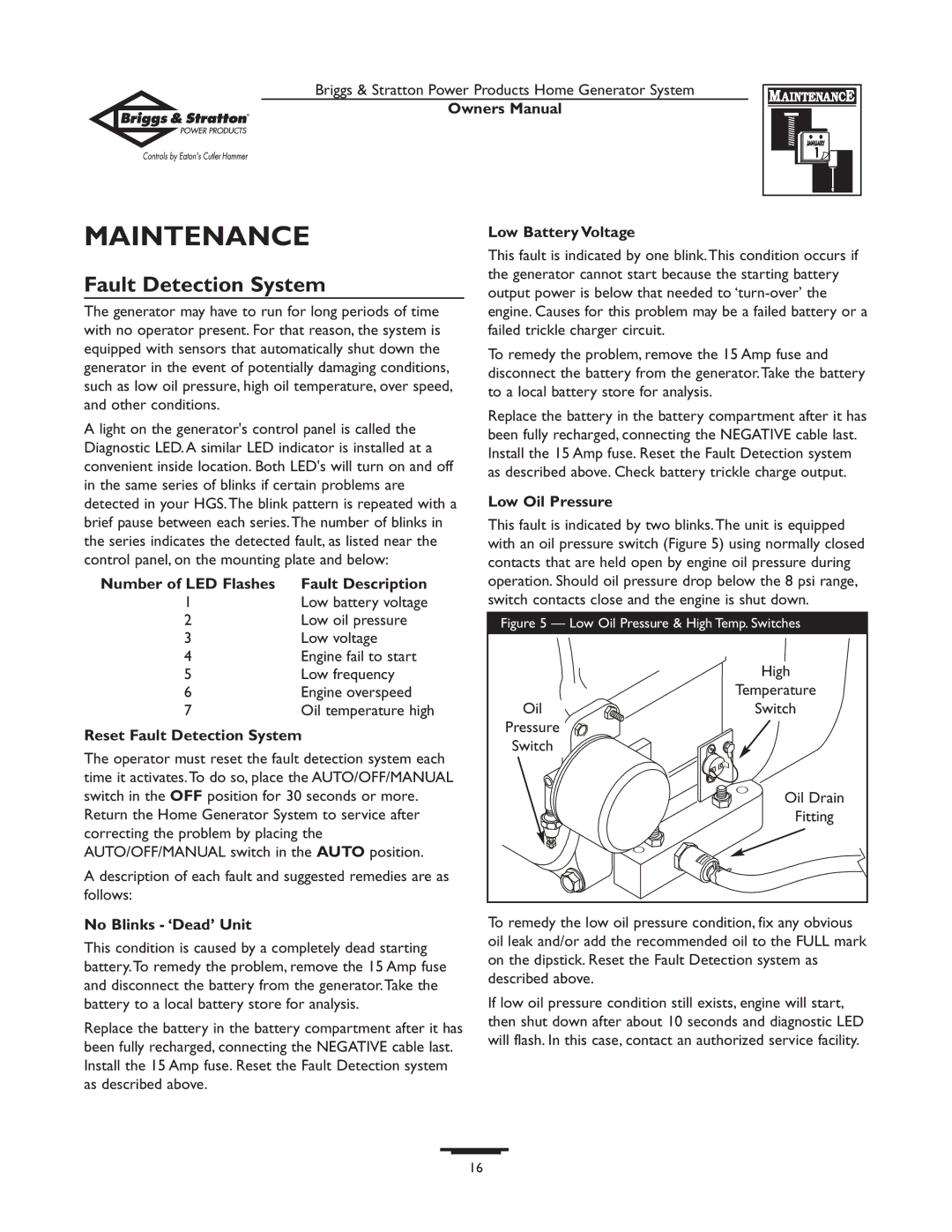 Briggs & Stratton 1679-0 owner manual Maintenance, Fault Detection System 