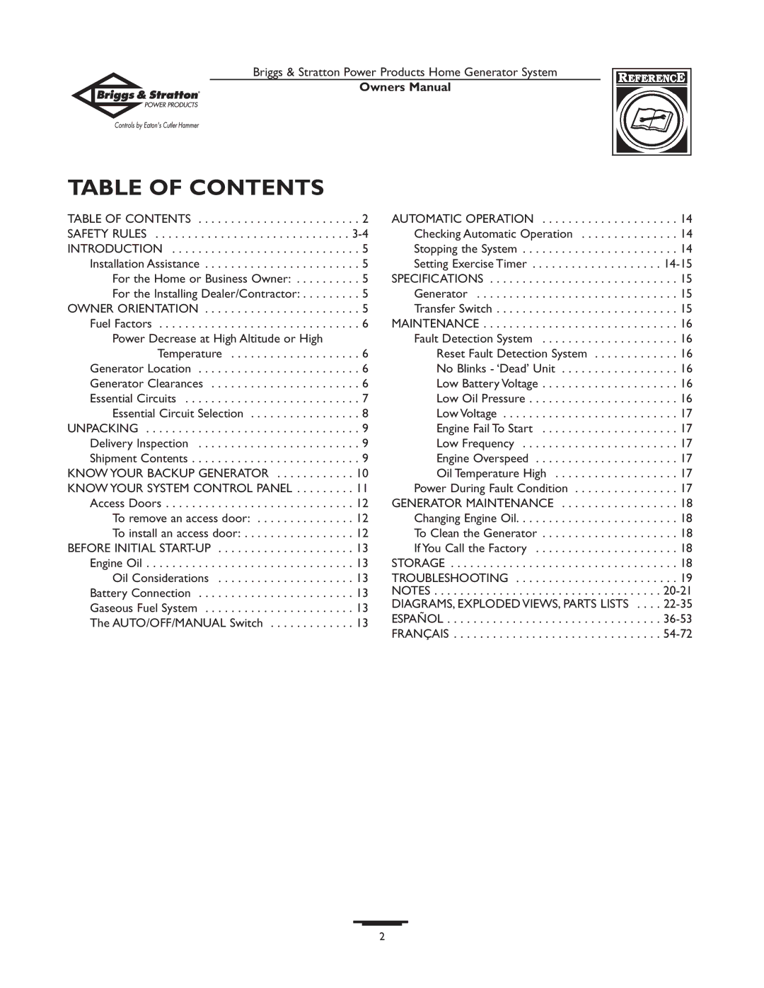 Briggs & Stratton 1679-0 owner manual Table of Contents 