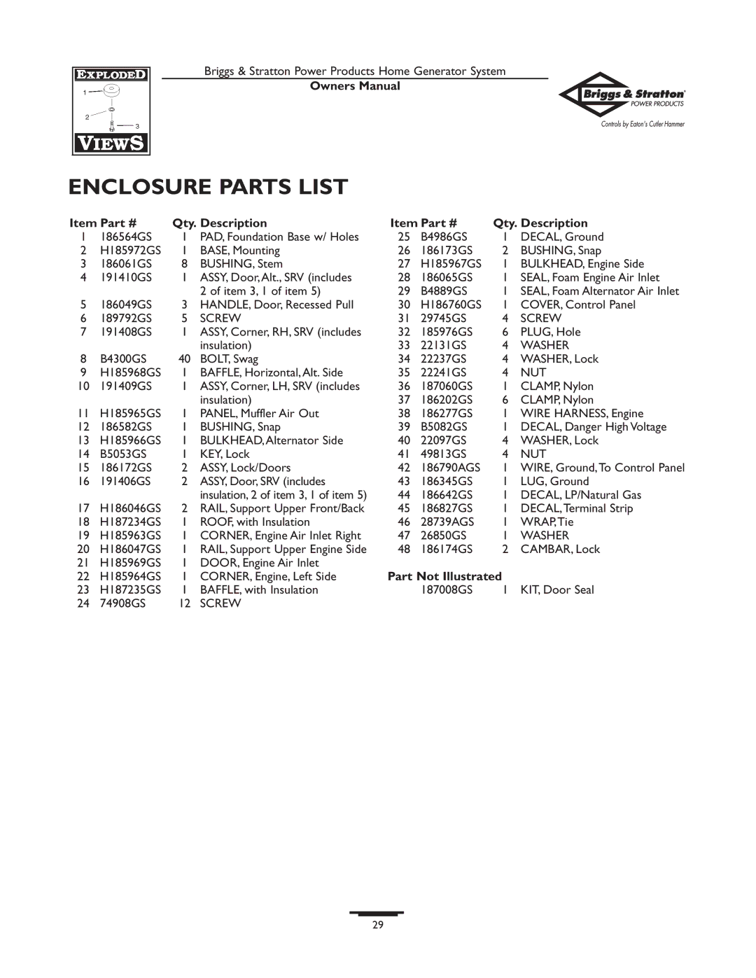 Briggs & Stratton 1679-0 owner manual Enclosure Parts List, Part Not Illustrated 