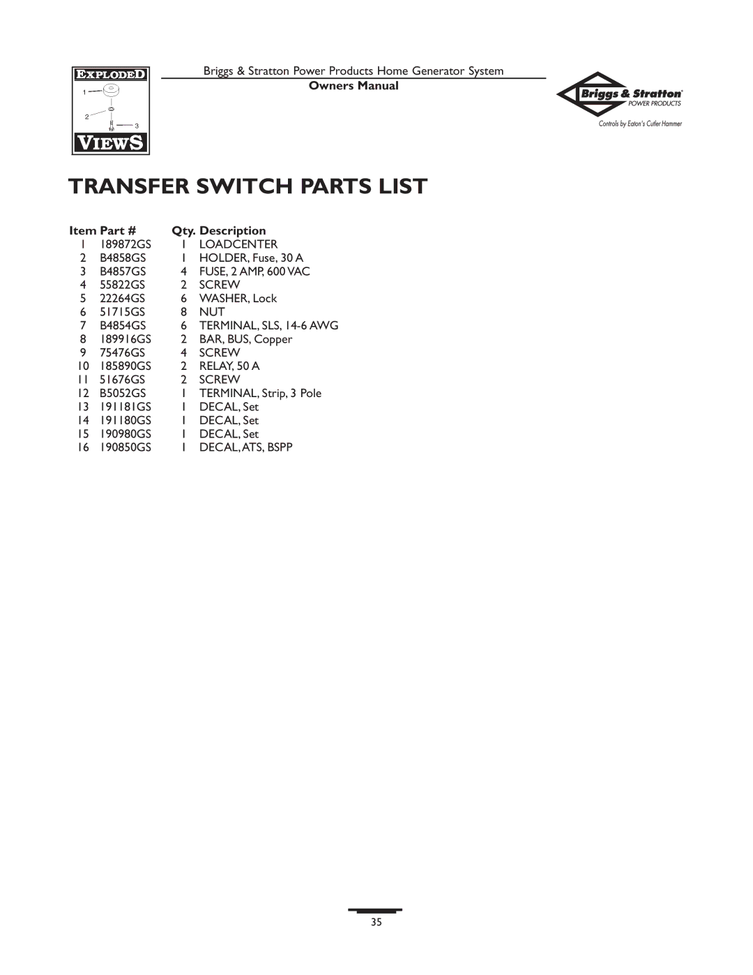 Briggs & Stratton 1679-0 owner manual Transfer Switch Parts List 