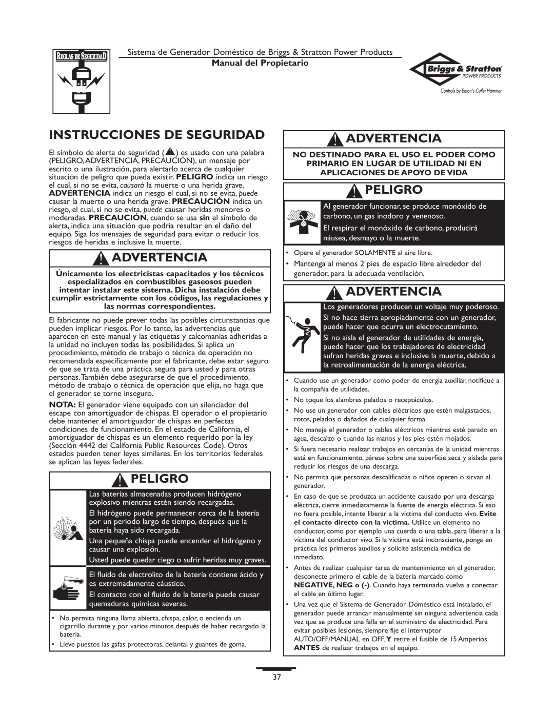 Briggs & Stratton 1679-0 owner manual Instrucciones DE Seguridad, Advertencia, Peligro 