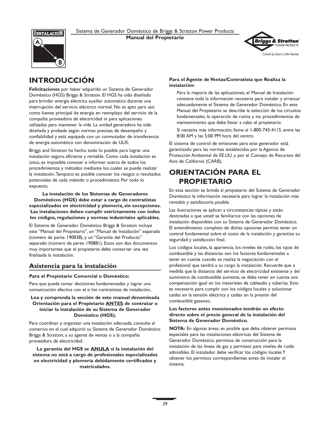 Briggs & Stratton 1679-0 owner manual Introducción, Orientación Para EL Propietario, Asistencia para la instalación 