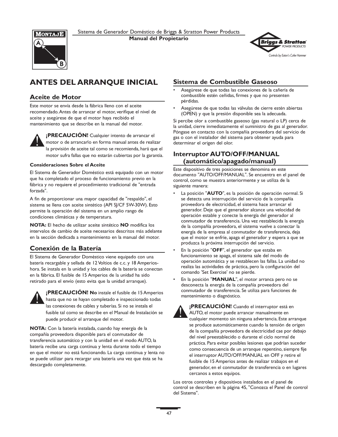 Briggs & Stratton 1679-0 owner manual Antes DEL Arranque Inicial, Aceite de Motor, Sistema de Combustible Gaseoso 