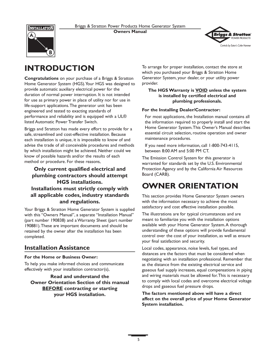 Briggs & Stratton 1679-0 Introduction, Owner Orientation, Installation Assistance, For the Home or Business Owner 