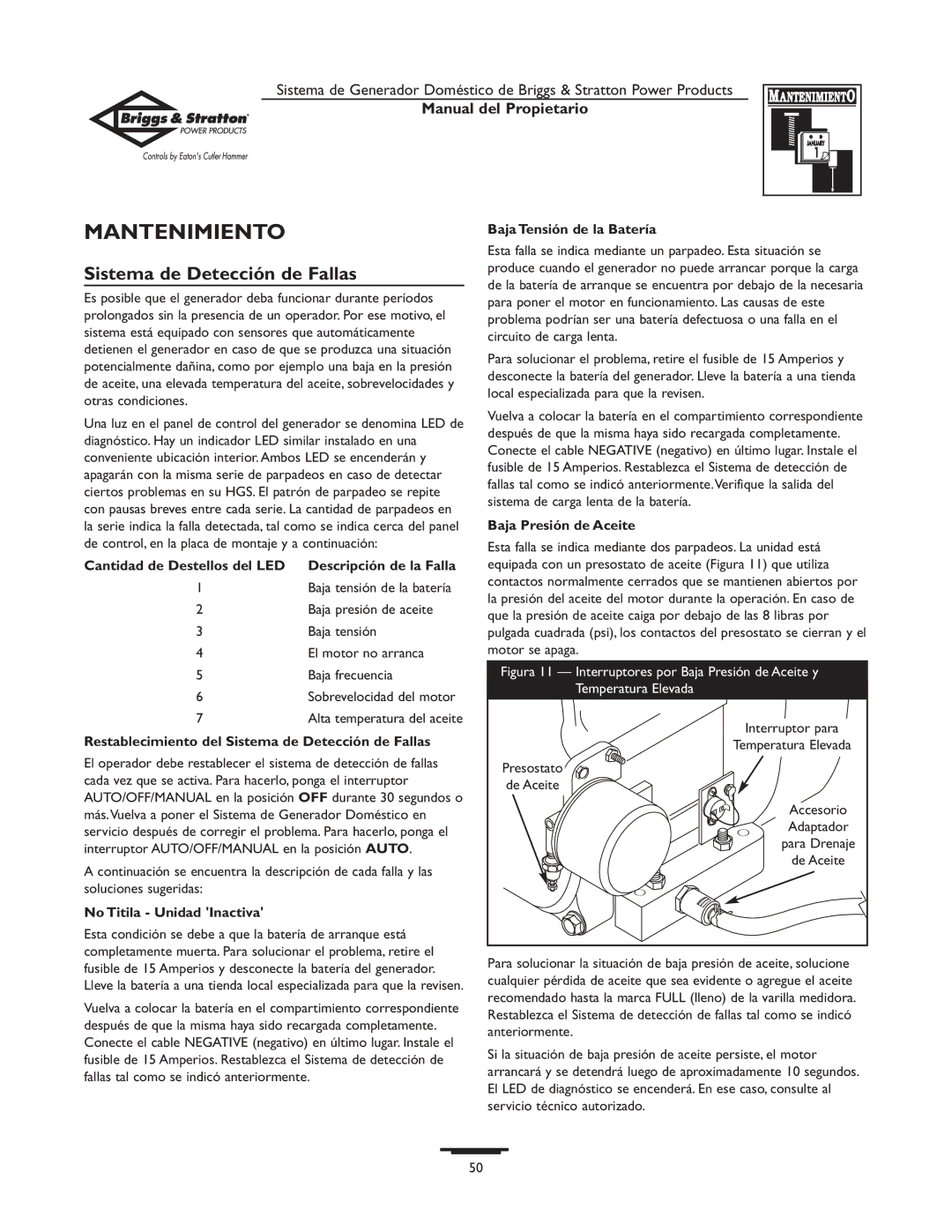 Briggs & Stratton 1679-0 owner manual Mantenimiento, Sistema de Detección de Fallas 