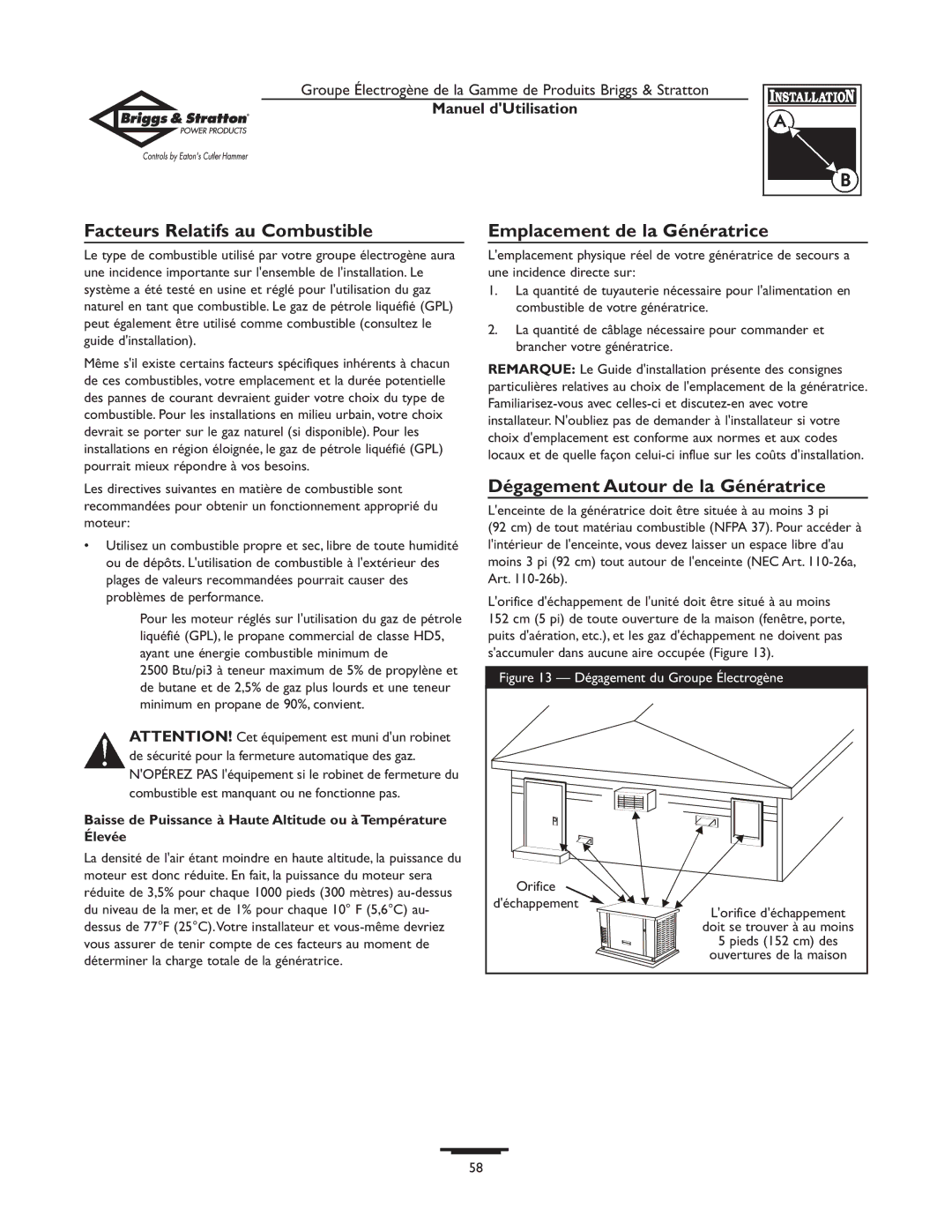 Briggs & Stratton 1679-0 owner manual Facteurs Relatifs au Combustible, Emplacement de la Génératrice 