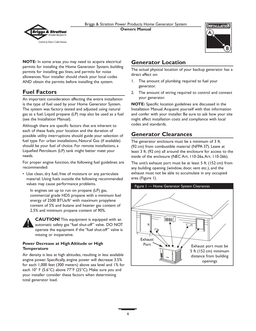 Briggs & Stratton 1679-0 owner manual Generator Location, Fuel Factors, Generator Clearances 