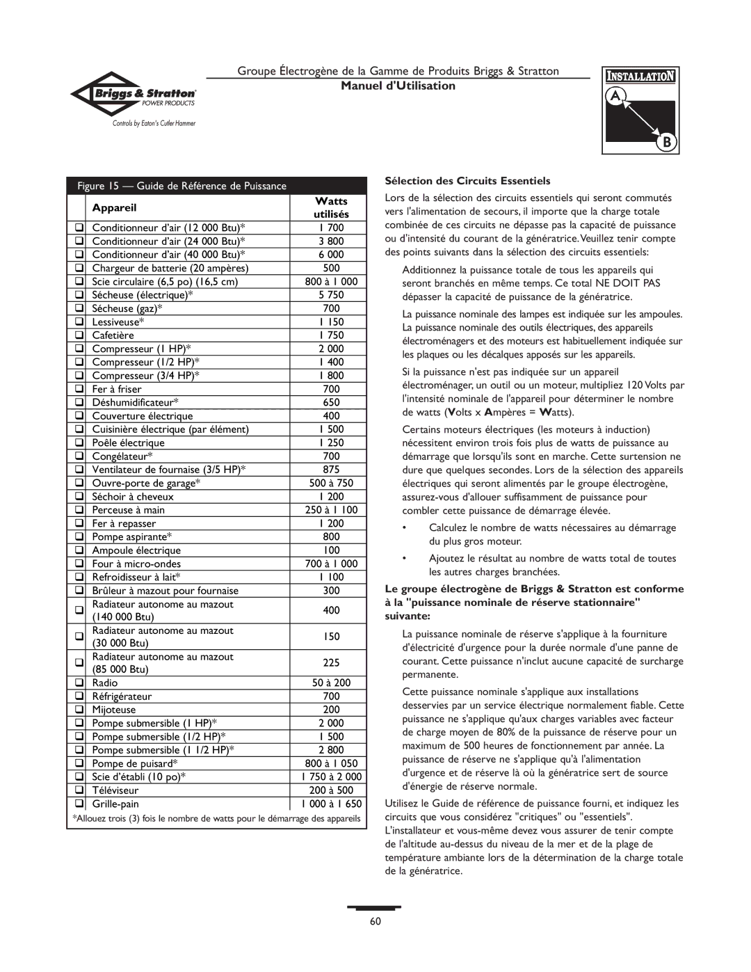 Briggs & Stratton 1679-0 owner manual Appareil Watts, Sélection des Circuits Essentiels 