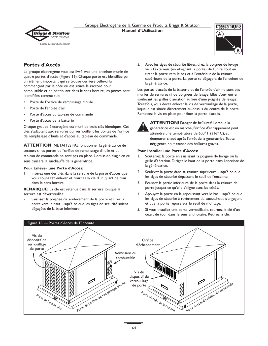 Briggs & Stratton 1679-0 owner manual Portes dAccès, Pour Enlever une Porte dAccès, Pour Installer une Porte dAccès 