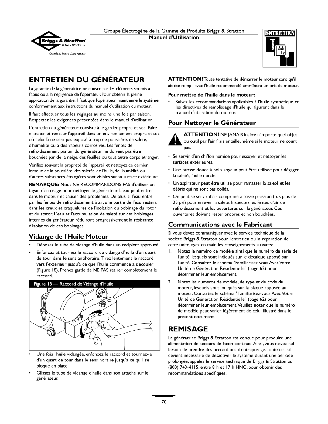 Briggs & Stratton 1679-0 Entretien DU Générateur, Remisage, Vidange de lHuile Moteur, Pour Nettoyer le Générateur 