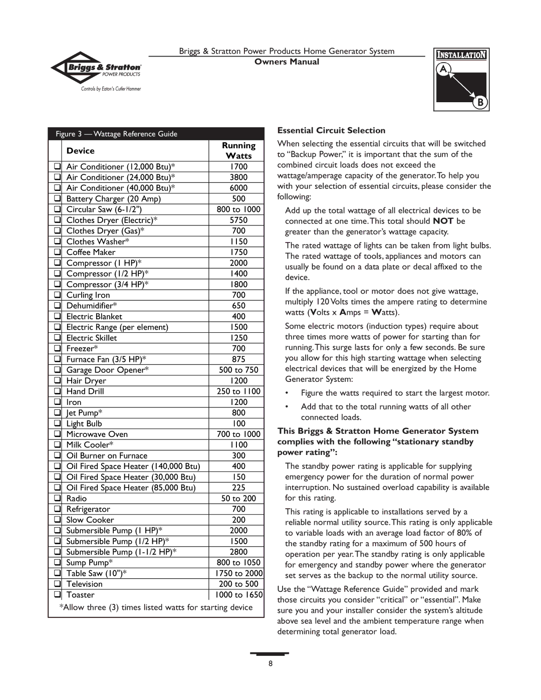 Briggs & Stratton 1679-0 owner manual Device Running Watts, Essential Circuit Selection 