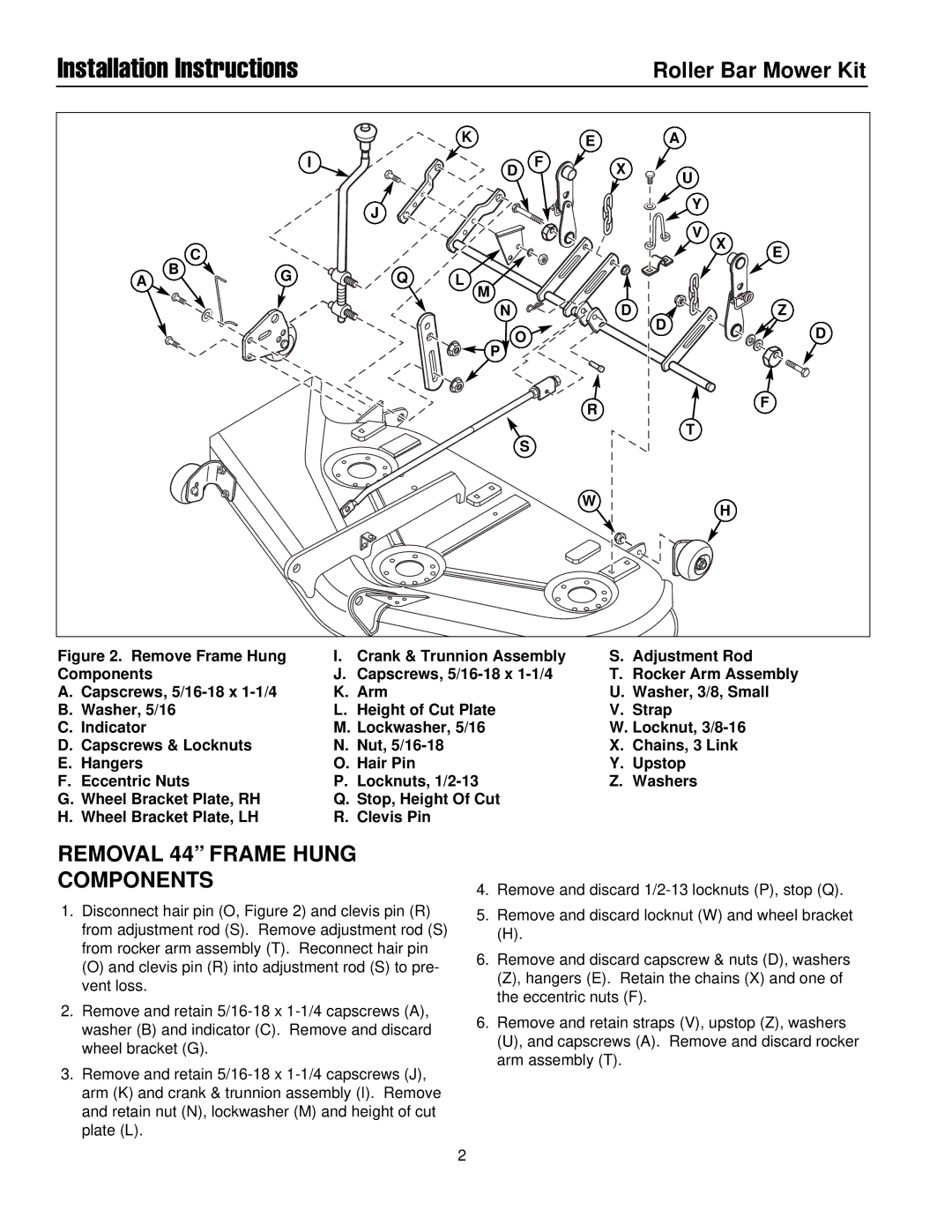 Briggs & Stratton 1687077 installation instructions Installation Instructions, Removal 44 Frame Hung Components 