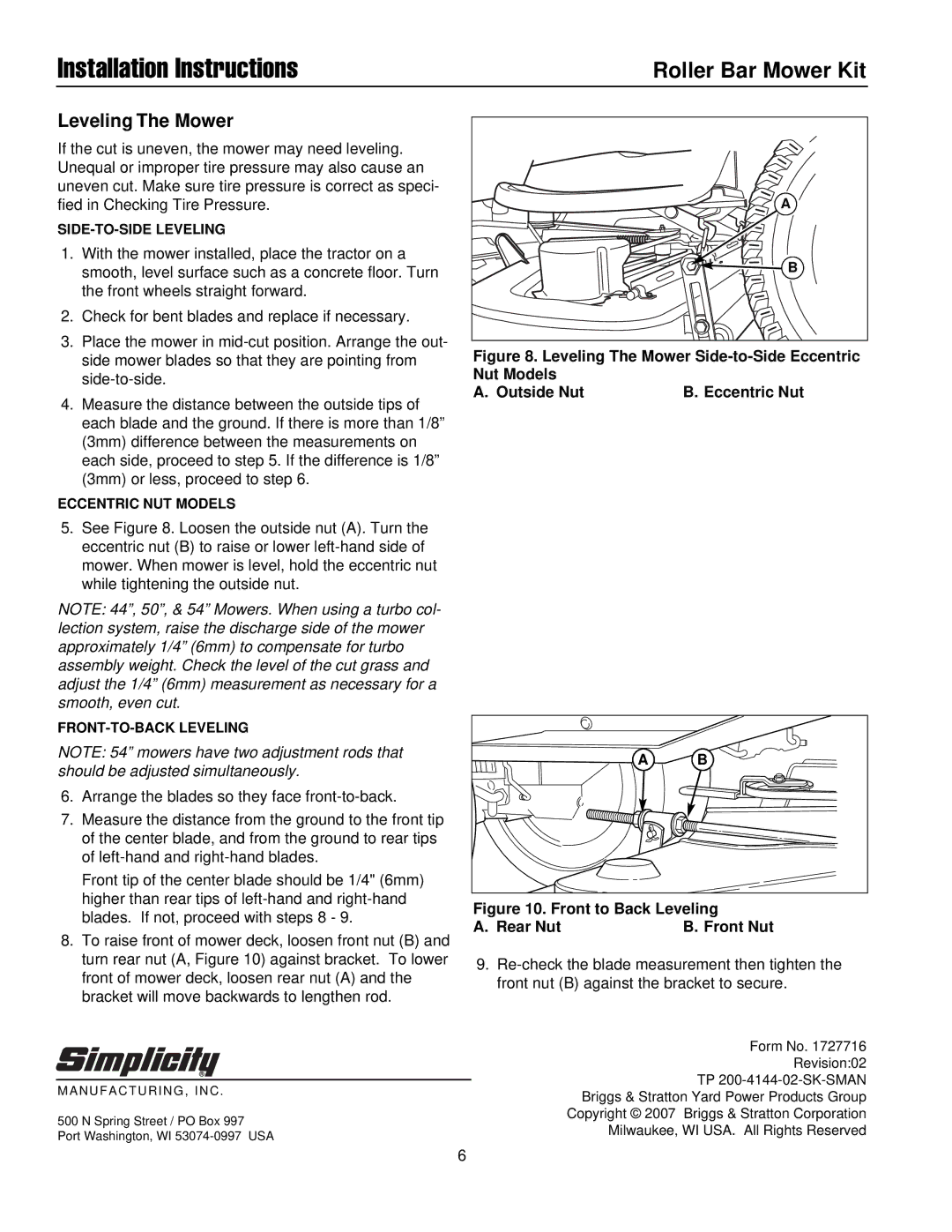 Briggs & Stratton 1687077 installation instructions Leveling The Mower, Front to Back Leveling Rear Nut Front Nut 