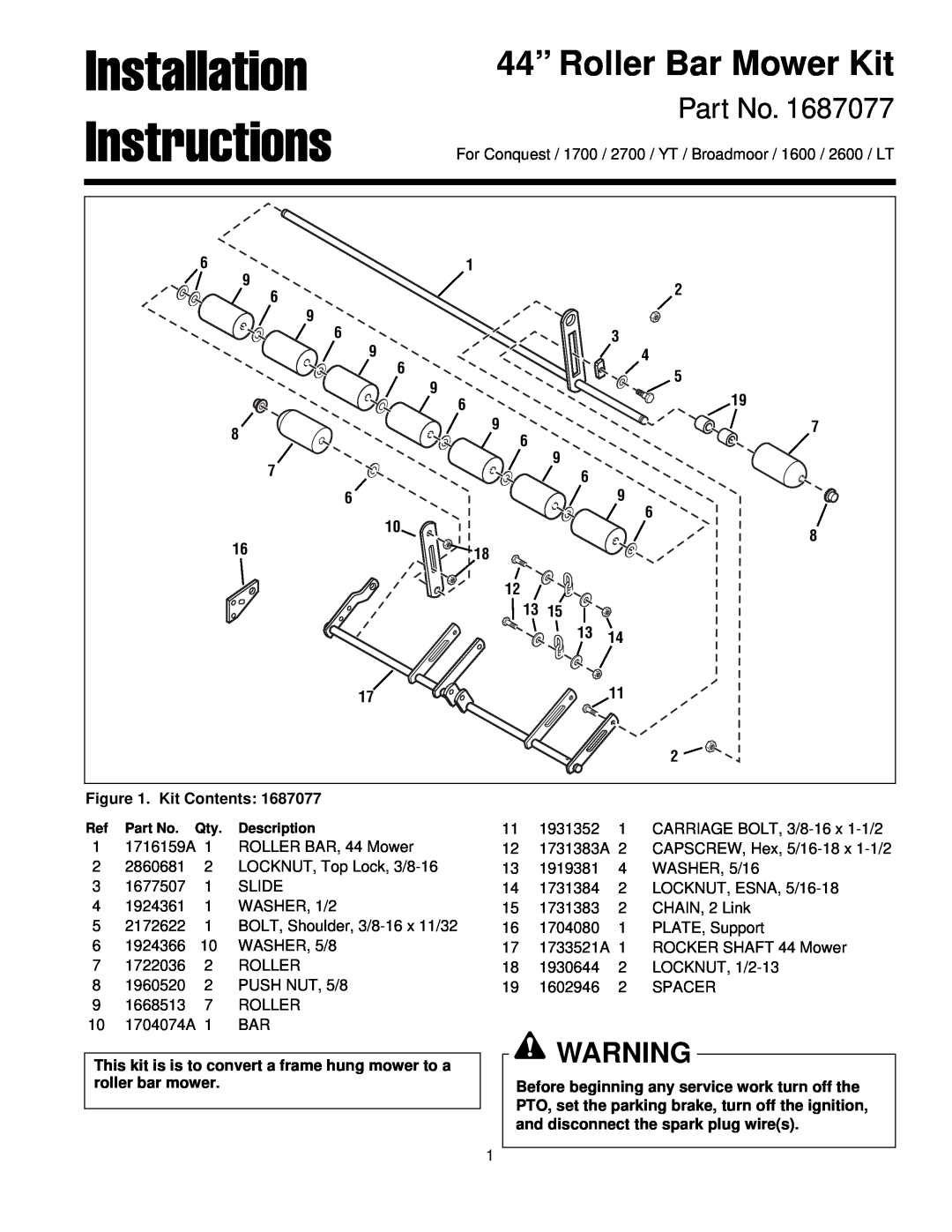 Briggs & Stratton 1687077 installation instructions Installation, Instructions, 44” Roller Bar Mower Kit 