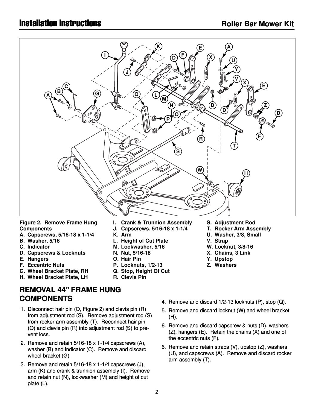 Briggs & Stratton 1687077 Installation Instructions, REMOVAL 44” FRAME HUNG COMPONENTS, Roller Bar Mower Kit 