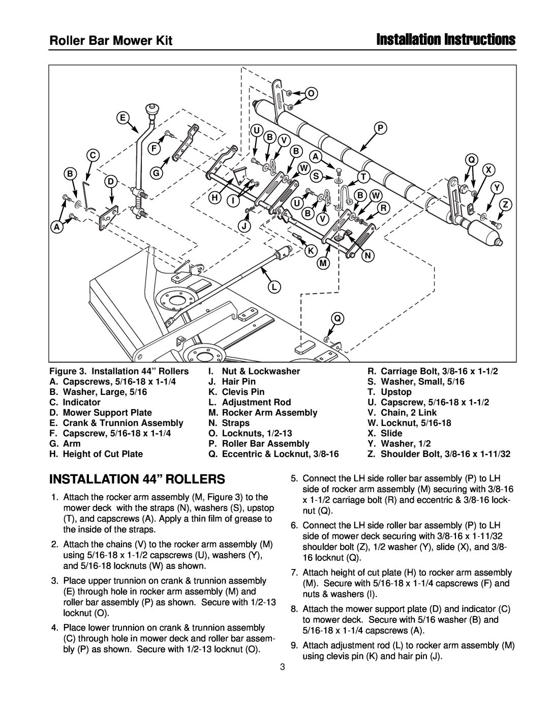 Briggs & Stratton 1687077 Installation Instructions, INSTALLATION 44” ROLLERS, Roller Bar Mower Kit 