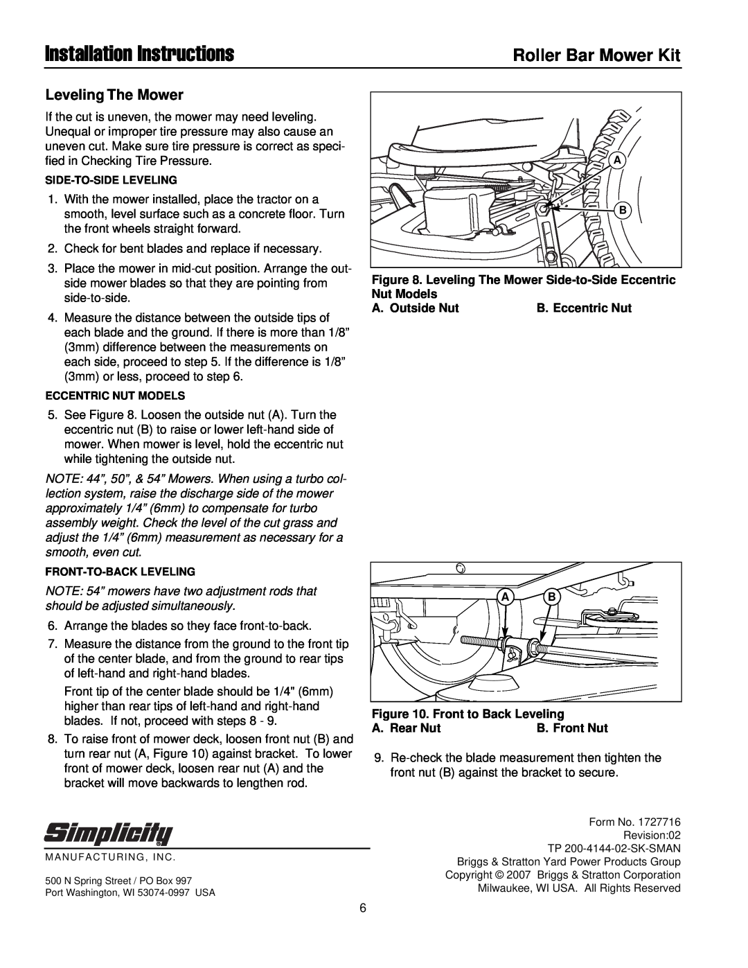 Briggs & Stratton 1687077 installation instructions Leveling The Mower, Installation Instructions, Roller Bar Mower Kit 