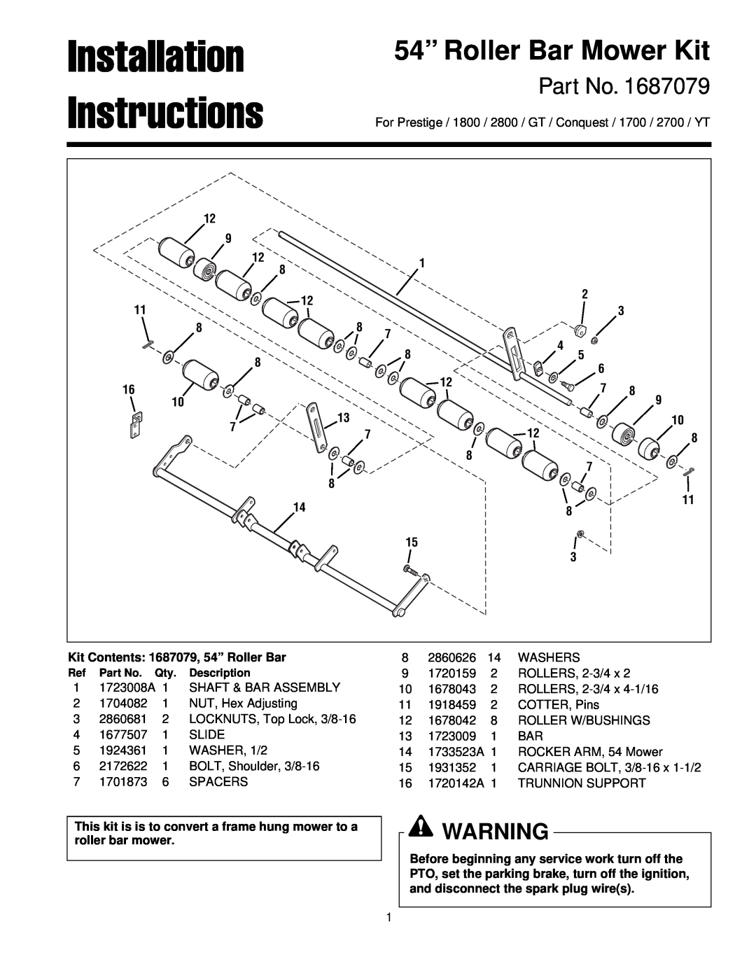 Briggs & Stratton 1687079 installation instructions Installation, Instructions, 54” Roller Bar Mower Kit 