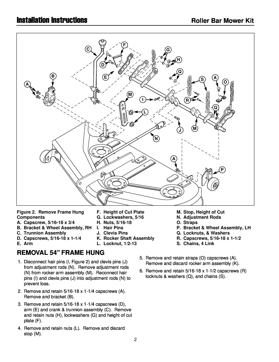 Briggs & Stratton 1687079 installation instructions Installation Instructions, REMOVAL 54” FRAME HUNG, Roller Bar Mower Kit 